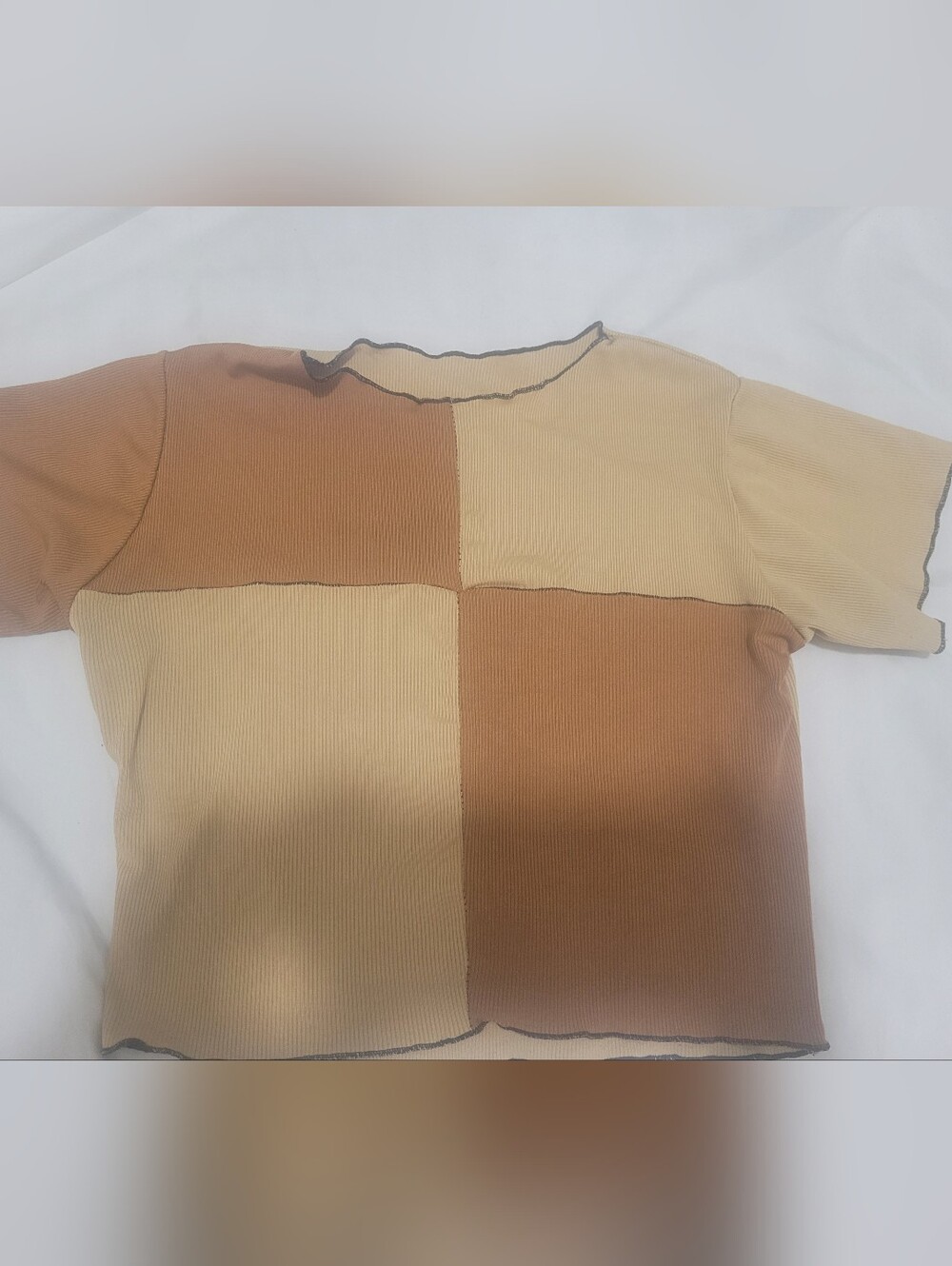 Women’s Short Sleeve Patchwork Ribbed Top - Beige & Brown